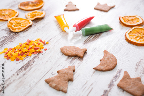 Gingerbread cookies with icing decorations for Christmas