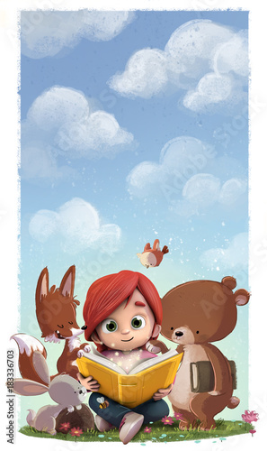 Obraz Mała dziewczynka w polu ze zwierzętami