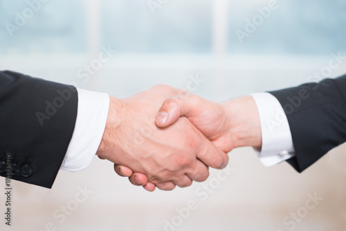 Handshake of two people, businessmen on a light background.