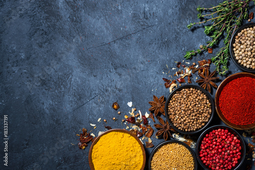 Fototapeta Naklejka Na Ścianę i Meble -  paprika, turmeric, red pepper and other fragrant spices, top view