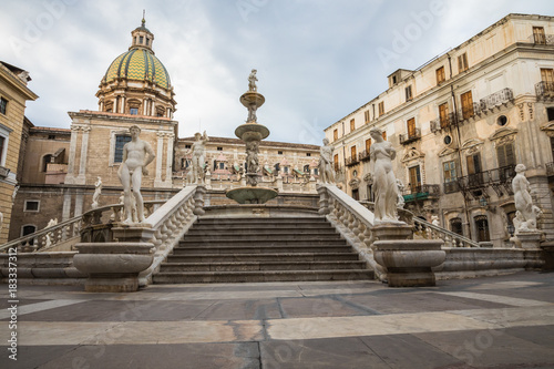 Famous fountain of shame on baroque Piazza Pretoria, Palermo, Sicily, Italy © Curioso.Photography