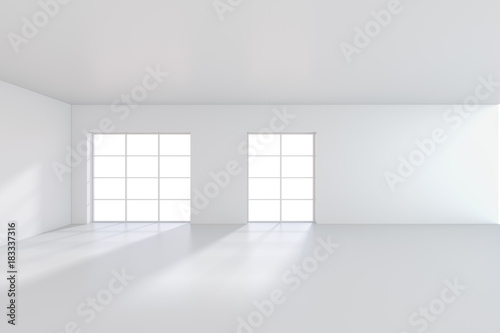 Light scattered light falling from the window into the white room. 3D rendering.