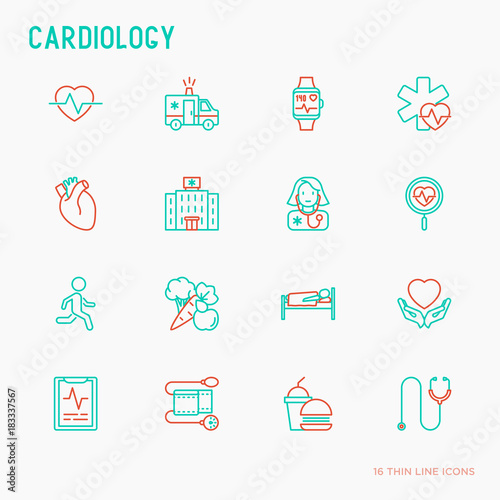 Cardiology thin line icons set: cardiologist, stethoscope, hospital, pulsometer, cardiogram, heartbeat. Modern vector illustration.