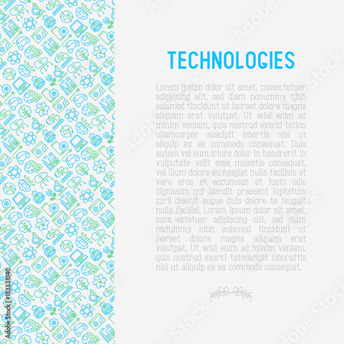 Technologies concept with thin line icons of: electric car, rocket, robotics, solar battery, machine intelligence, web development. Vector illustration for banner, web page, print media.