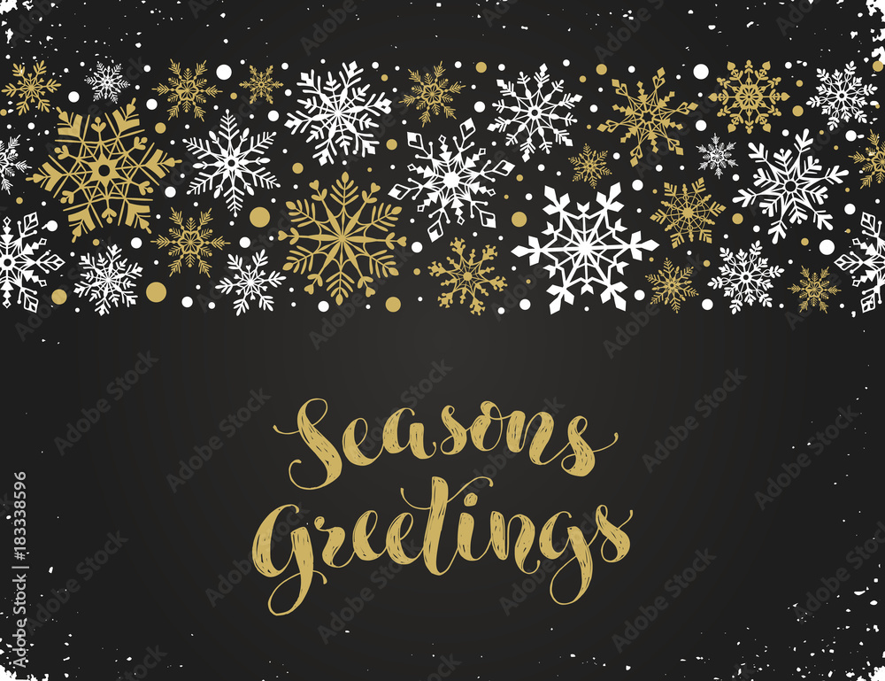 Seasons greetings greeting card template. Modern winter lettering with snowflakes horizontal frame on chalkboard. Merry Christmas vector illustration with text.