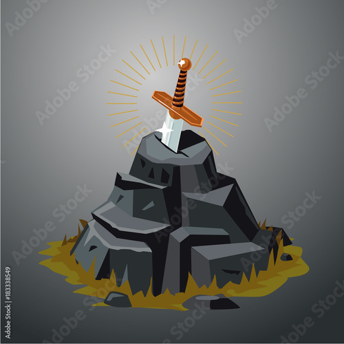 Legendary sword in stone. Excalibur. Vector illustration. Game design concept.