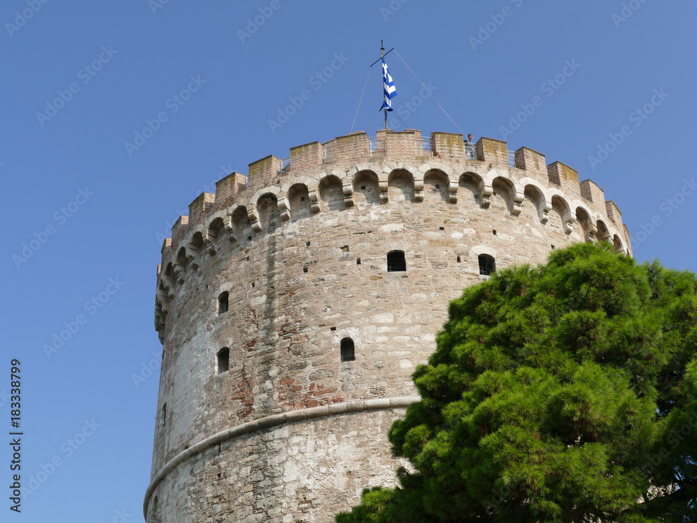 Round tower in Thessaloniki, Greece, seen from below