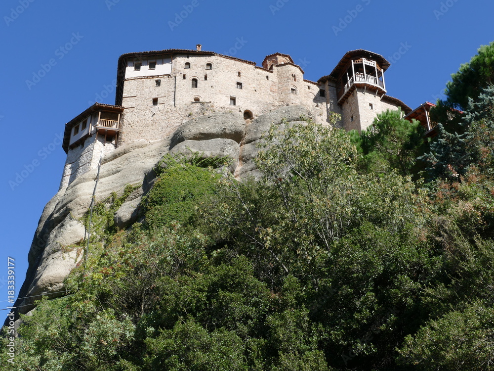 Clifftop monastery at Meteora, Greece, seen from below