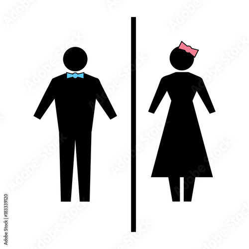 Flat vector: icon of a man and a woman on a white background. Isolated toilet sign. Black figures. A simple geometric contour. A gentleman in a blue butterfly, a lady with a pink bow on her head.