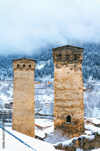 Fotografie Medieval towers in Mestia in the Caucasus Mountains, Upper Svaneti, Georgia