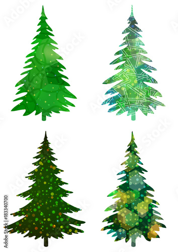 Set of Green Holiday Christmas Trees  Winter Symbols with Colorful Patterns  Isolated on White Background. Eps10  Contains Transparencies. Vector