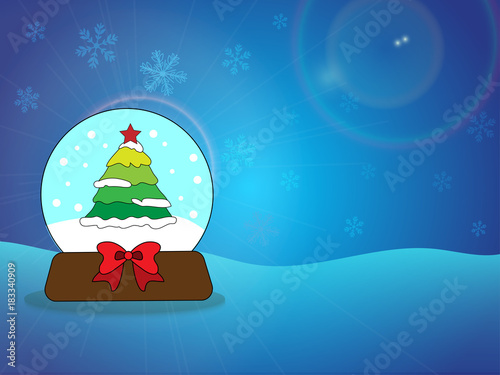 Vector and illustration of cartoon character snow globe on iceberg with snowflake and star bright sky background with flare light for winter, Christmas and new year concept