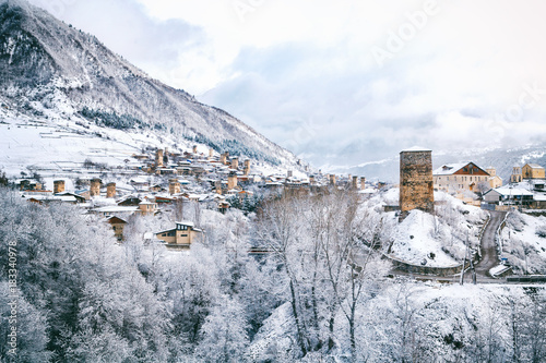Panoramic view on Medieval towers in Mestia in the Caucasus Mountains, Upper Svaneti, Georgia. photo