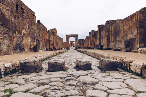 The famous antique site of Pompeii, near Naples. It was completely destroyed by the eruption of Mount Vesuvius. One of the main tourist attractions in Italy.