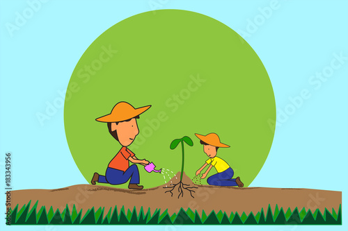 Daddy and son is sitting a tree planting fertilizer and empty space for text. Background development for learning concepts. Flat cartoon and section view.  -Vector illustration eps 10