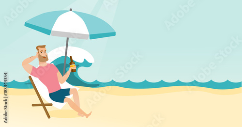 Young caucasian white man sitting on a chaise-longue on the beach. Happy smiling man relaxing on a chaise-longue and drinking beer. Vector cartoon illustration. Horizontal layout.