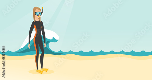 Young caucasian white scuba diver in diving suit, flippers, mask and tube standing on the background of wave. Full length of scuba diver on the beach. Vector cartoon illustration. Horizontal layout.