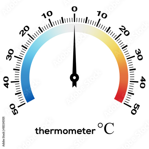 Circular thermometer with digital and analog color bar, vector measuring temperature in degrees Celsius