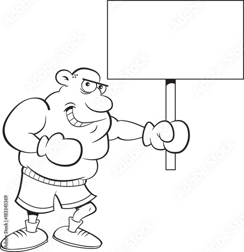 Black and white illustration of a boxer holding a sign.