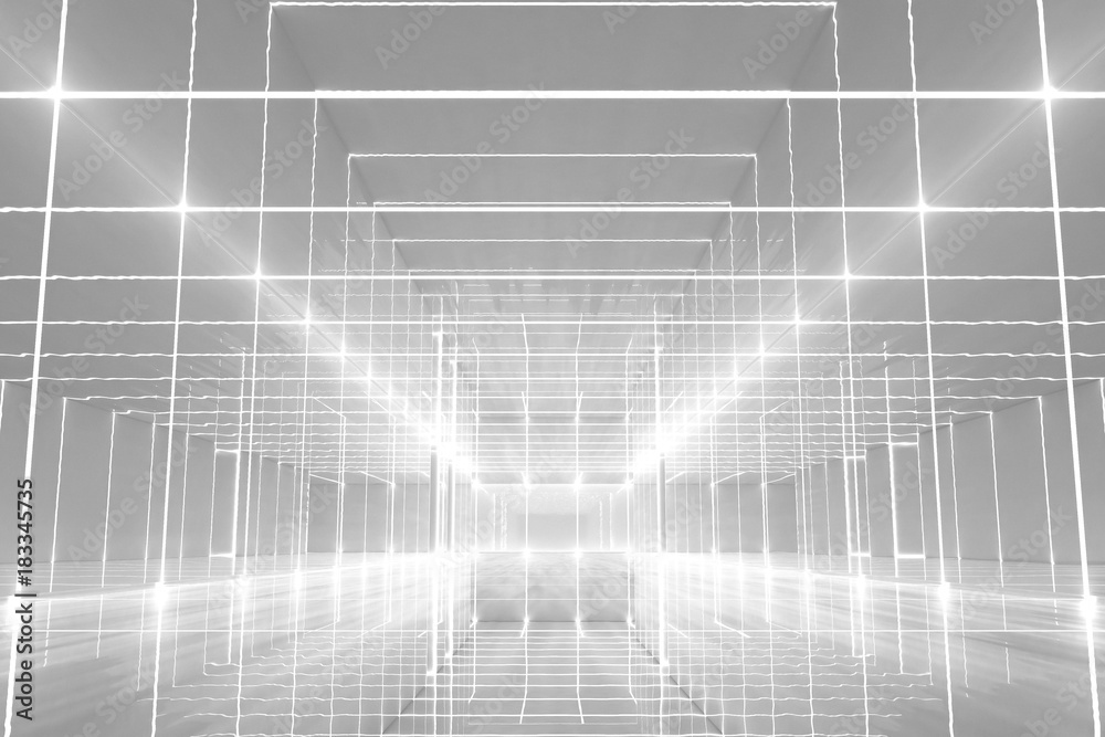 Abstract Futuristic white corridor interior design with end of light.Future concept. 3D Rendering