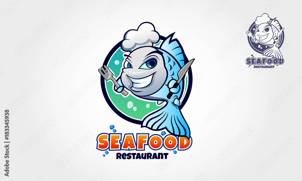 Seafood Restaurant Logo Cartoon Character. Vector funny blue fish with a  chef's hat. An excellent logo template highly suitable for food company,  restaurant, seafood and catering businesses Stock Vector | Adobe Stock