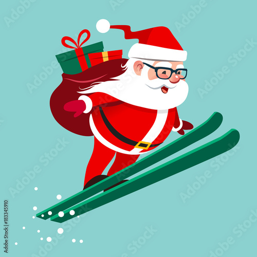 ector cartoon illustration of Santa Claus ski jumping with backpack full of gift boxes on his back. Winter outdoor sport activities, Christmas holiday design elements in flat contemporary style.