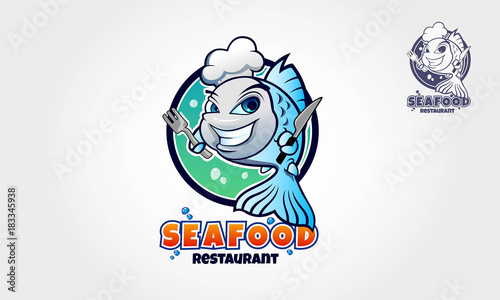 Seafood Restaurant Logo Cartoon Character. Vector funny blue fish with a chef's hat. An excellent logo template highly suitable for food company, restaurant, seafood and catering businesses