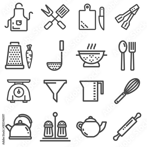Set of modern thin line icons home tableware, household and kitchen utensils