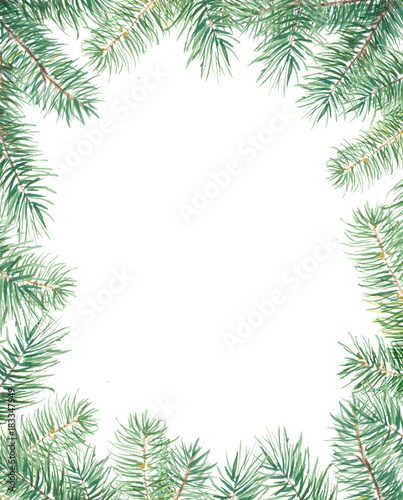 Merry Christmas pattern with firtree border. Watercolor handdrawn illustration isolated on white background. © arsvik