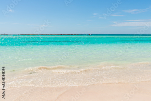 Beautiful shoreline with white sand and turquoise water in the Caribbean Sea. La Tortuga  Turtle  island  Venezuela.