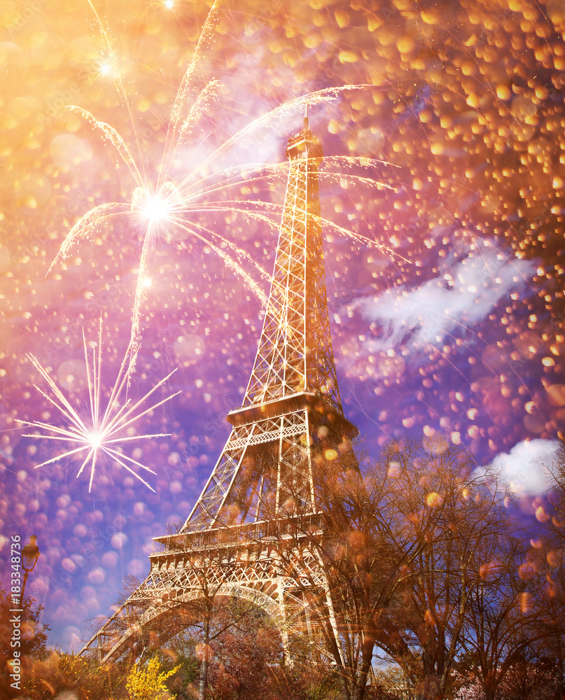 celebrating New Year in the city - Eiffel tower (Paris, France) with fireworks