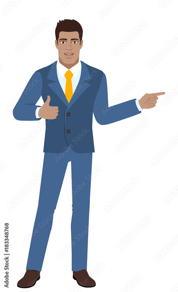 Businessman showing thumb up and pointing somewhere Businessman showing thumb up and pointing somewhere