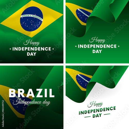 Banner or poster of Brazil independence day celebration. Super set. Waving flag. Vector illustration.