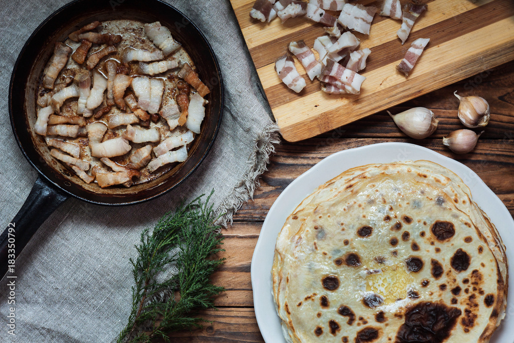 Fototapeta premium Pancakes with grilled bacon