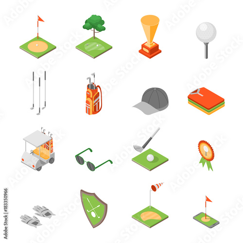 Golf Game Equipment and Signs Icons Set Isometric View. Vector