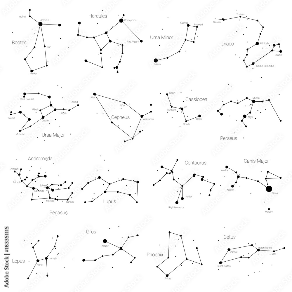 Set of vector constellations of the northern and southern hemispheres - Ursa Minor and Major, Pegasus, Cassiopea and others. All main constellation with names of stars and constellations. Sky map