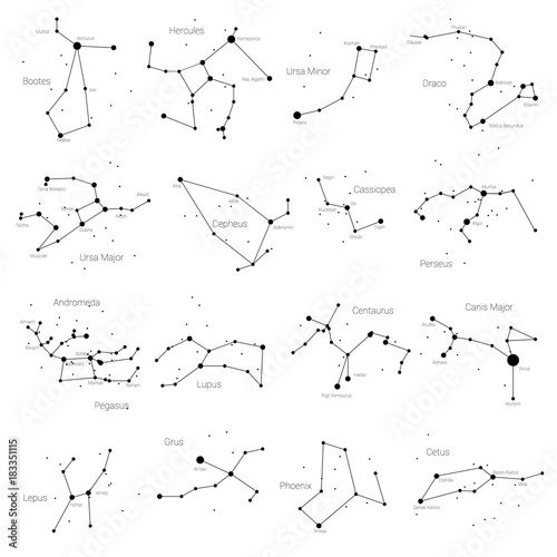 Set of vector constellations of the northern and southern hemispheres - Ursa Minor and Major, Pegasus, Cassiopea and others. All main constellation with names of stars and constellations. Sky map photo