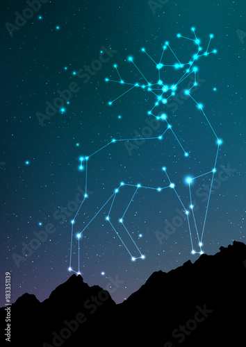Deer and elk constellation vector art. Elk in constellations and star on night sky and forest landscape. Starry elk or deer in deep dark sky with line and shiny dots