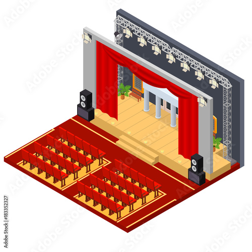 Theatre Interior with Furniture Isometric View. Vector