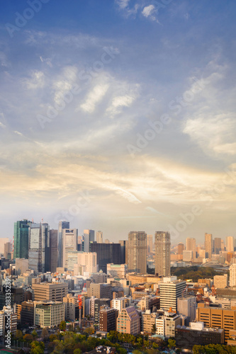 Landscape of tokyo city skyline in Aerial view with skyscraper  modern office building and sunset sky background in Tokyo metropolis  Japan.