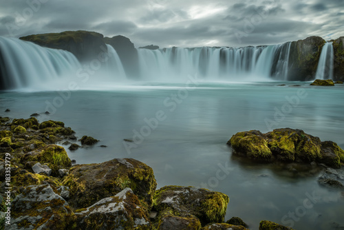 A beautiful waterfall  frozen motion of water streams on a long exposure. The most visited waterfall in Iceland. Waterfall Godafoss  