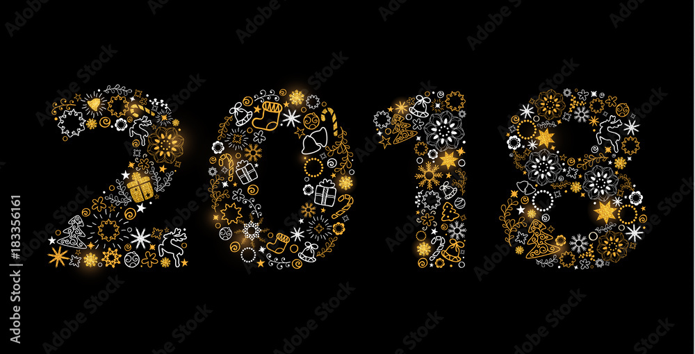 Christmas hand drawn lettering. Christmas tree decoration, snowflakes, gifts. Winter holidays.