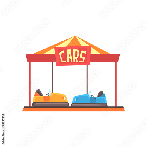 Cartoon illustration of bumper cars attraction under bright marquee. Amusement park or carnival. Colorful flat vector design for banner, poster or flyer