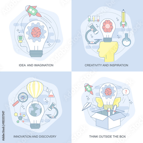 Blue flat conceptual icons set of creativity and inspiration, idea and imagination, innovation and discovery, think outside the box. Concepts for website and graphic design. Mobile and print media.
