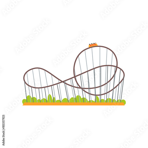 Rollercoaster track with train. Extreme ride attraction. Family amusement park concept. Colorful flat vector design icon for poster, banner or flyer