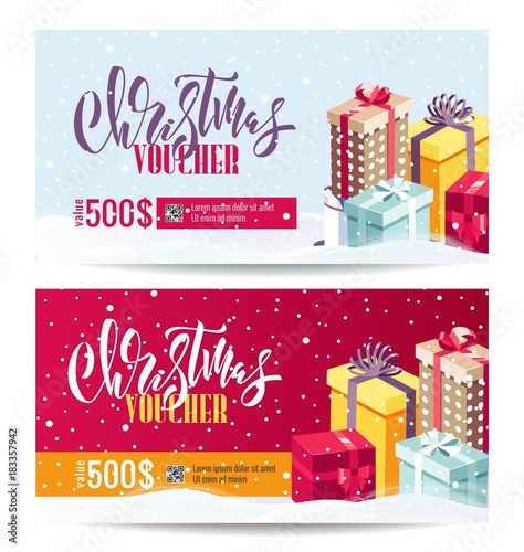 Christmas Gift Voucher Coupon discount. Gift certificate template for Merry Christmas. Shopping concept.  Vector illustration