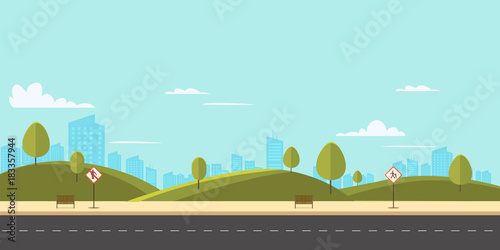Street in public park with nature landscape and building background vector illustration.Main street scene with public sign vector.City street with sky background photo