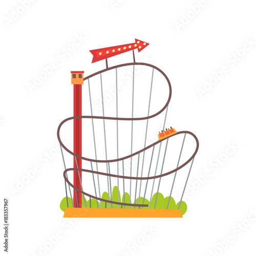 Roller coaster with railroad track and train based on lift tower. Amusement ride on carnival. Extreme attraction. Red arrow with lights. Flat vector design