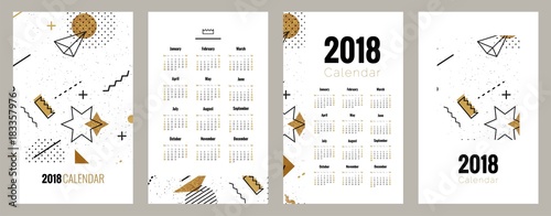Set of 2018 planner calendar posters in memphis style. Vector illustration
