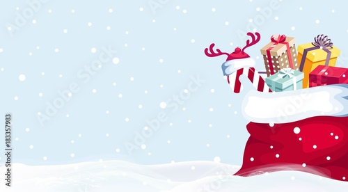 Santa Claus red sack with gift boxes isolated on snowy background.Merry Christmas and Happy New Year vector background. Winter cartoon illustration